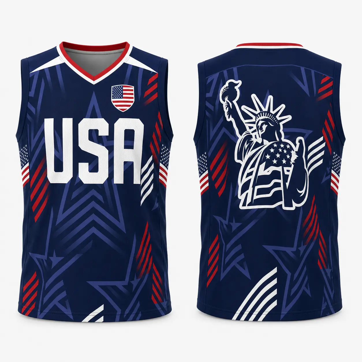 USA Basketball Unisex Adult V-Neck Sleeveless Patriotic Print Sports Top - American Flag, Star-Stripes, Liberty Statue, USA Lettering Sport Jersey, Red White Blue Gym Clothing, Athletic Training/Fitness Top for 4th of July, Workout Streetwear Gift, S