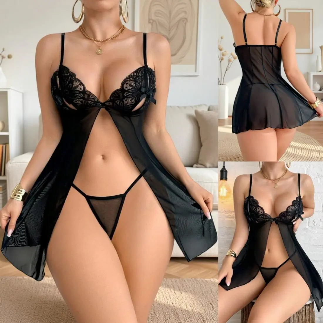 Women's Elegant Lace Babydoll Chemise Lingerie Night Gown - Deep V Sleeveless, Adjustable Straps, Side Slit, Soft Mesh Floral Lace, Fit & Drape Design, Lightweight 1-Piece Clothes Product for Bridal Honeymoon, Loungewear, Lingerie for Women