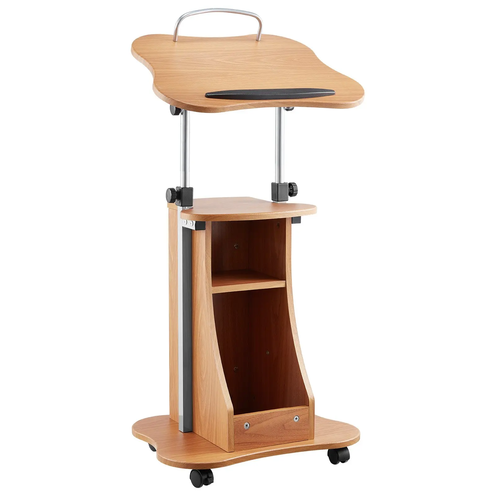 【DealsForYouDays】VEVOR MDF Wood Podium Stand, 43" Tall Wooden Lectern with Lockable Caster Base Wheels, Wide Surface, Open Storage Area, Adjustable Height & Angle, Easy Set-Up, Neutral Look for Speeches, Presentations