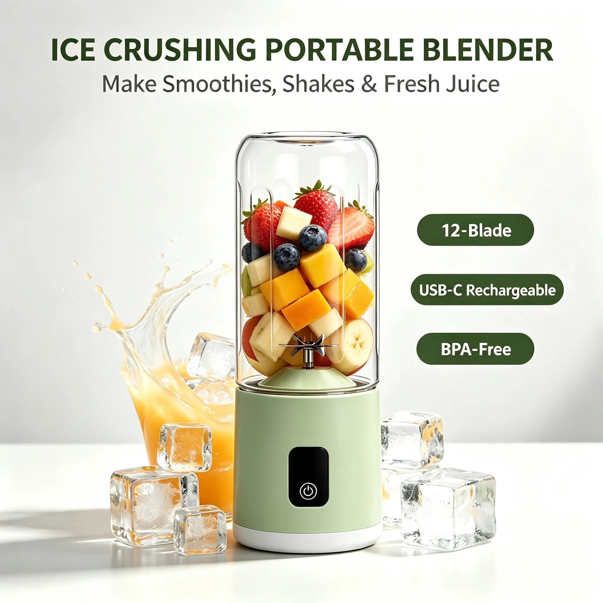Portable Personal Blender, 12‑Blade Ice Crushing USB‑C Rechargeable Blender Cup for Smoothies, Protein Shakes & Fresh Juice, On‑the‑Go Mini Blender for Gym Office Travel