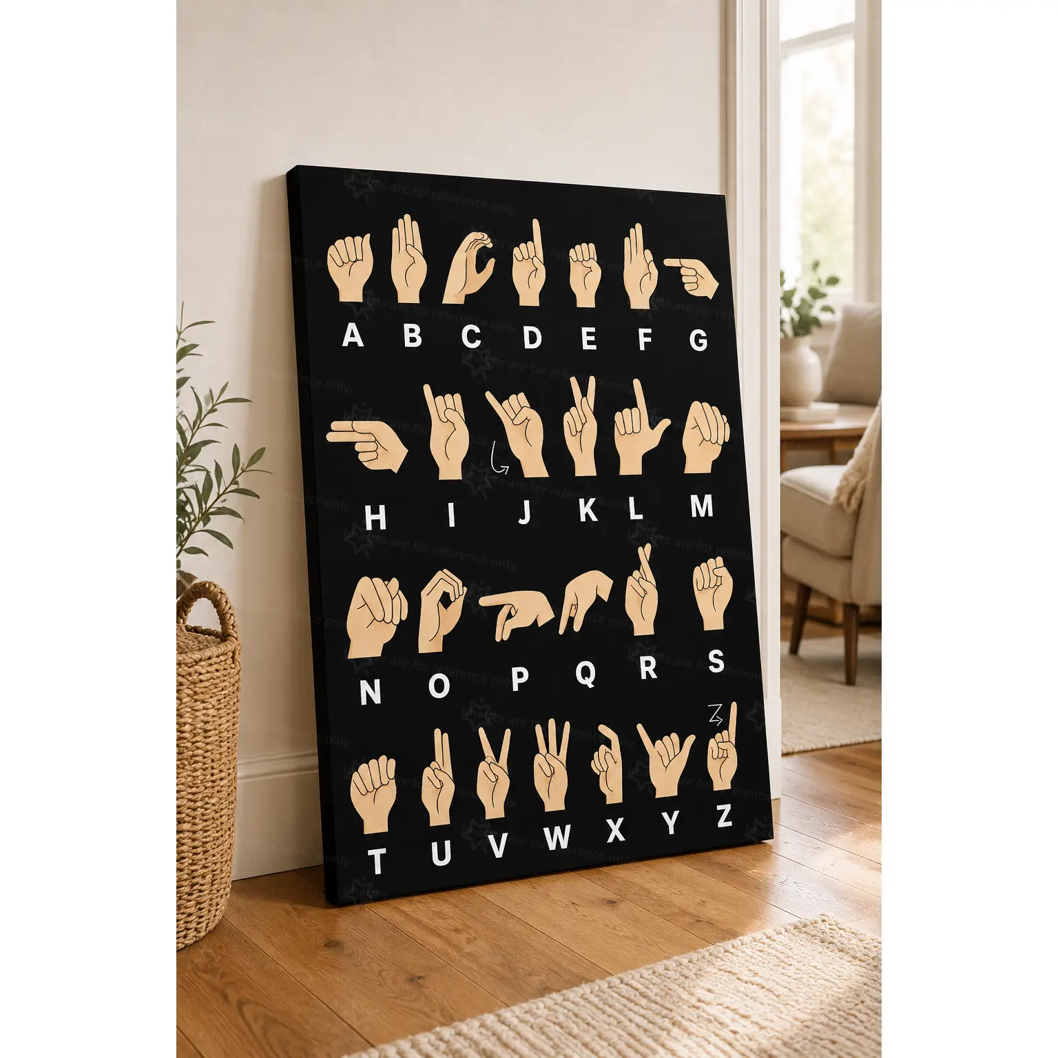 1-Piece High Contrast 2D Flat Hand Sign Alphabet Grid Poster - Scratch-Resistant Black & Beige Multi-Size Wrapped Educational Wall Decor, A-Z Finger Gesture Reference Gift for Classrooms