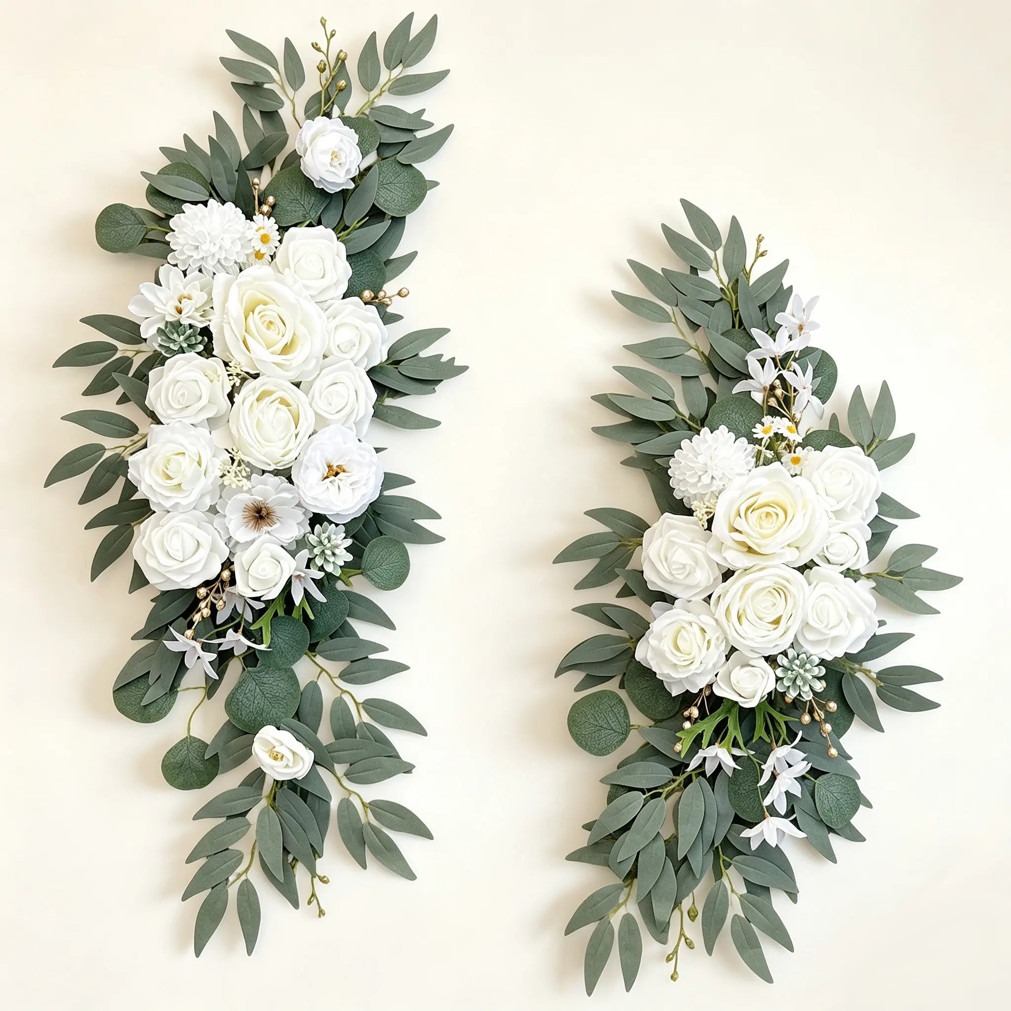 2 Pcs Elegant White Artificial Flower Swags, Rose & Hydrangea with Eucalyptus Leaves Hanging Arrangement, Wedding Arch Backdrop Wall Decor for Party & Home Decoration, Artificial Mixed Flower