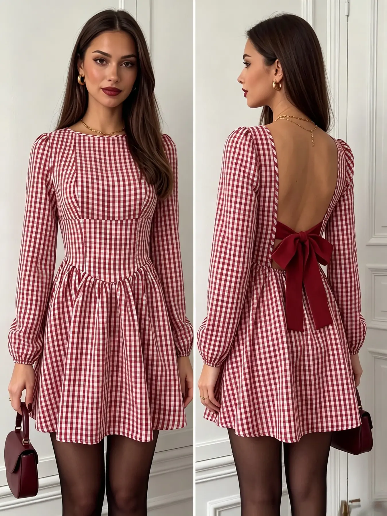 2026 Fall New Christmas Dress, French Sweet Style Floral Print Backless Bow Short Dress, Vintage Sexy Elegant Dress for Work and Parties, Long Sleeve