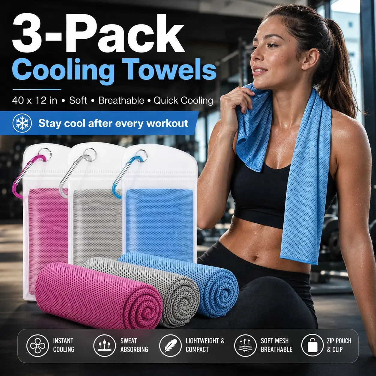 3 Pack Cooling Towel(40"x12") for Neck and face, Ice Towel, Soft Breathable Towels, Cooling Rags for Yoga, Sport, Running, Workout, Gym, Camping, Fitness, Workout & More, Cooling Towels for Sports
