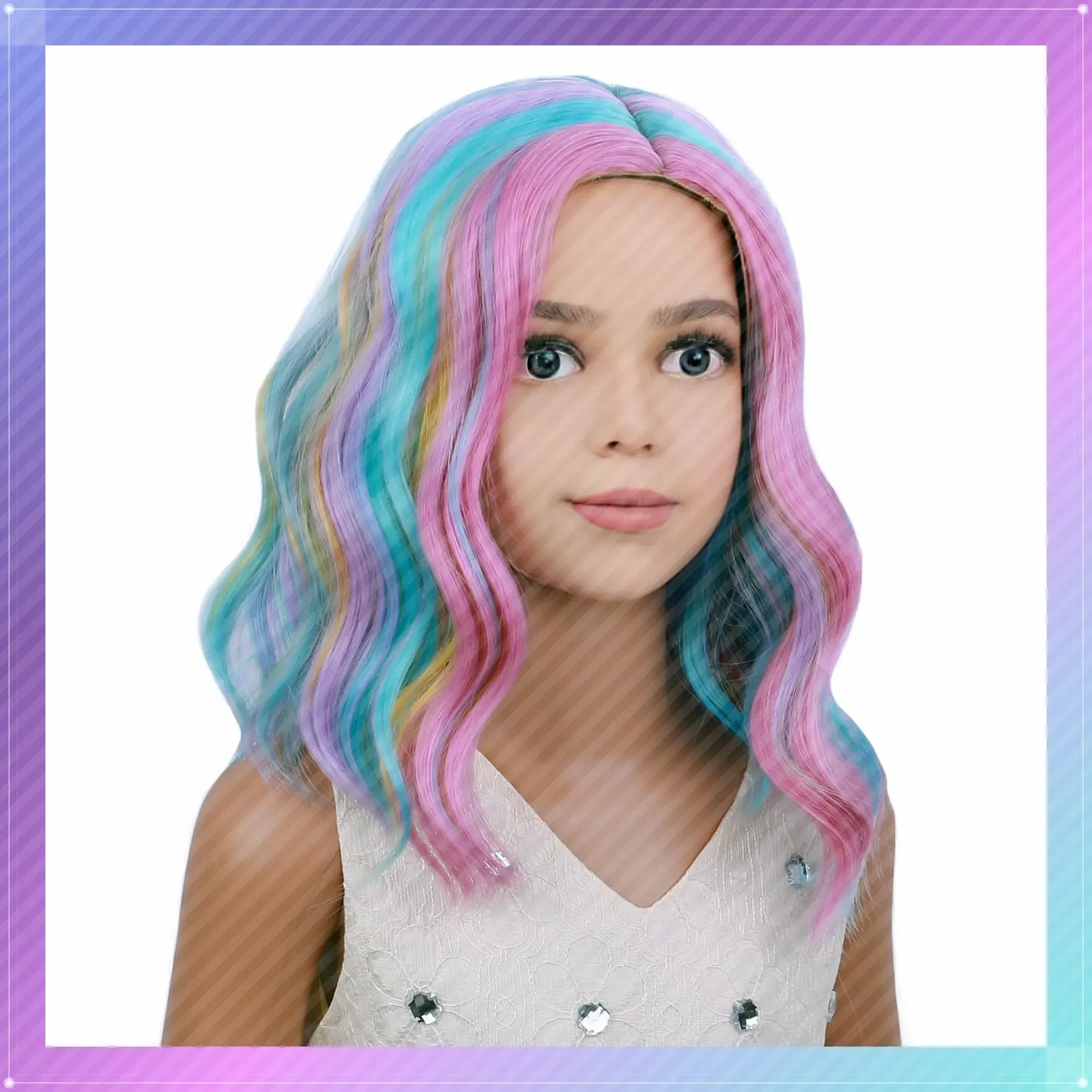Kids Child Rainbow Wig Short Wavy Colorful Wig Multicolor Wigs Girls Synthetic Cosplay Halloween Party Costume WigsGift