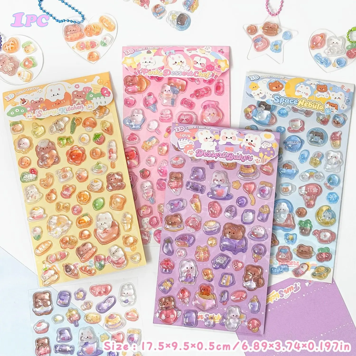 3D Crystal Embossed Stickers, Cute Cartoon Style DIY Self-Adhesive Set, 4 Themes for Desk Decor, Scrapbooks, Kids Crafts