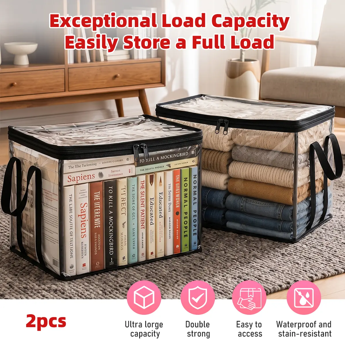 2 /4 Pack Large Clear Thick Plastic Storage Box with Hinged Lid, Heavy-Duty Durable High-Capacity Organizer for Home, Moving, Attic, Waterproof Dustproof Organizer