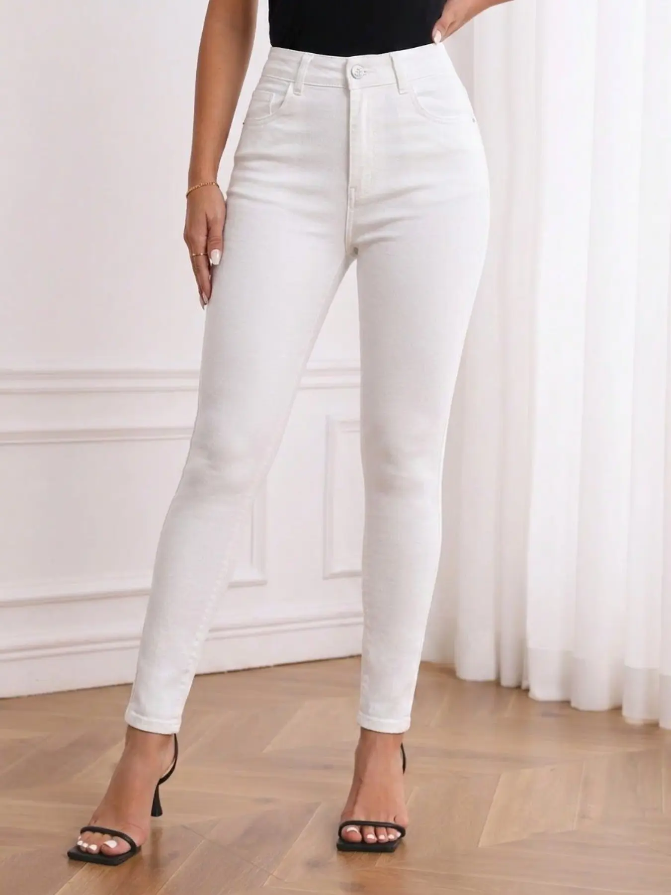 Lkuily Women's White High Waist Stretch Skinny Jeans, Butt Lifting Form-Fitting Pencil Pants, Slimming Solid White Denim Trousers, Fitted Stretch Denim