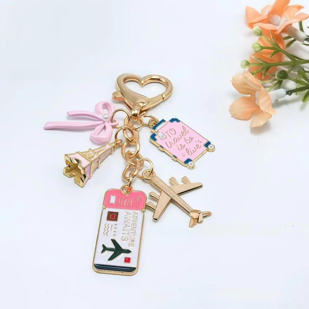 Trendy Travel Themed Alloy Keychain with Airplane & Bow Charms, Aesthetic Trip Pendant Bag Charm, Stylish Car & Backpack Accessory for Travel Lovers, Unisex, Adventure, Inspirational, Trip Charms
