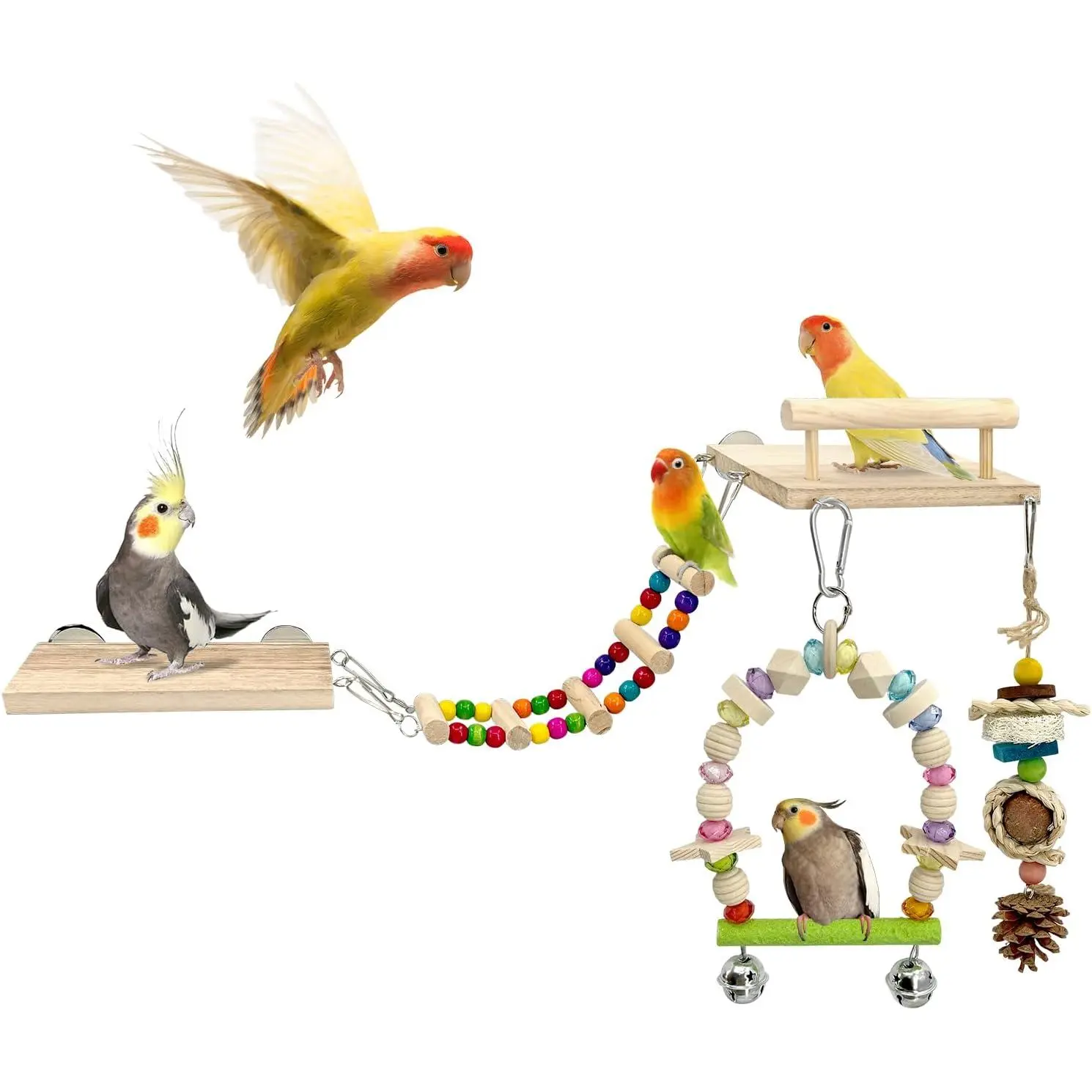 5-in-1 Parakeet Toys Set: Detachable Bird Playground with Wooden Perch, Swing, Ladder, Platform Cage Accessories for Cockatiel, Conure, Lovebird, Budgie, Finch