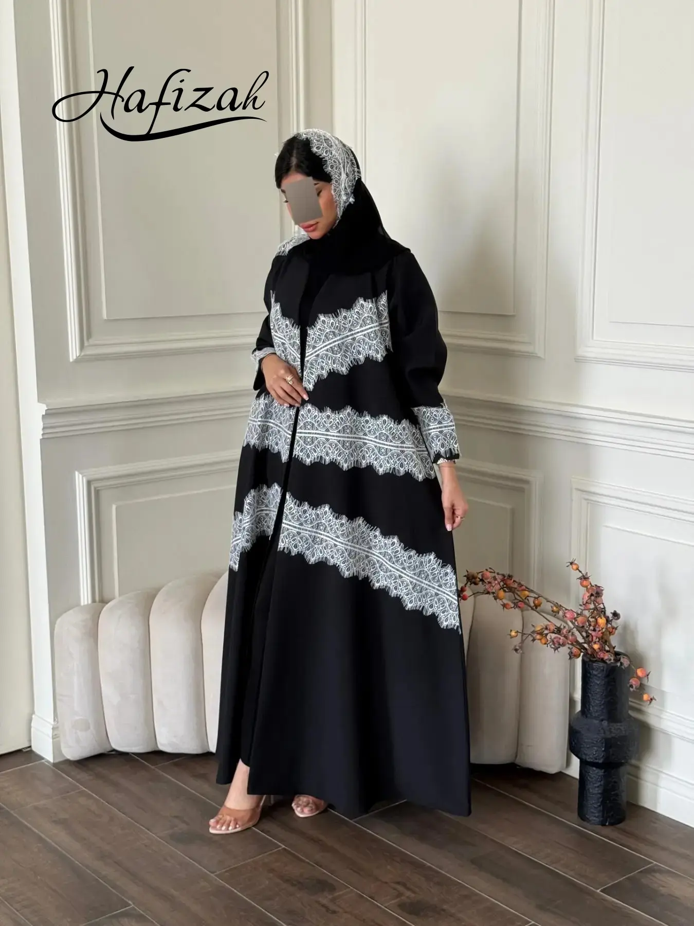 Hafizah Luxury Wave Lace Long Cardigan Set, Commuter Cardigan, Flowy Outerwear + Headscarf Two-Piece, Daily Commute Women's Fashion, All Seasons