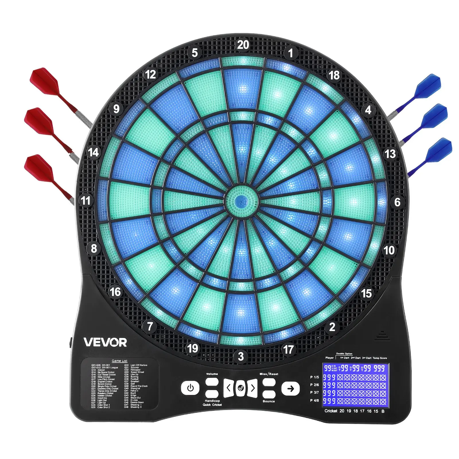 VEVOR 13.5" PP & ABS Electronic Dart Board with LED Lighting, 48 Games & 500+ Variations, Cricket Scoring LCD Screen, 6 Shafts with Flights, 50 Soft Dart Tips, Single-Double In-Out - Supports 8 Players for Family Use
