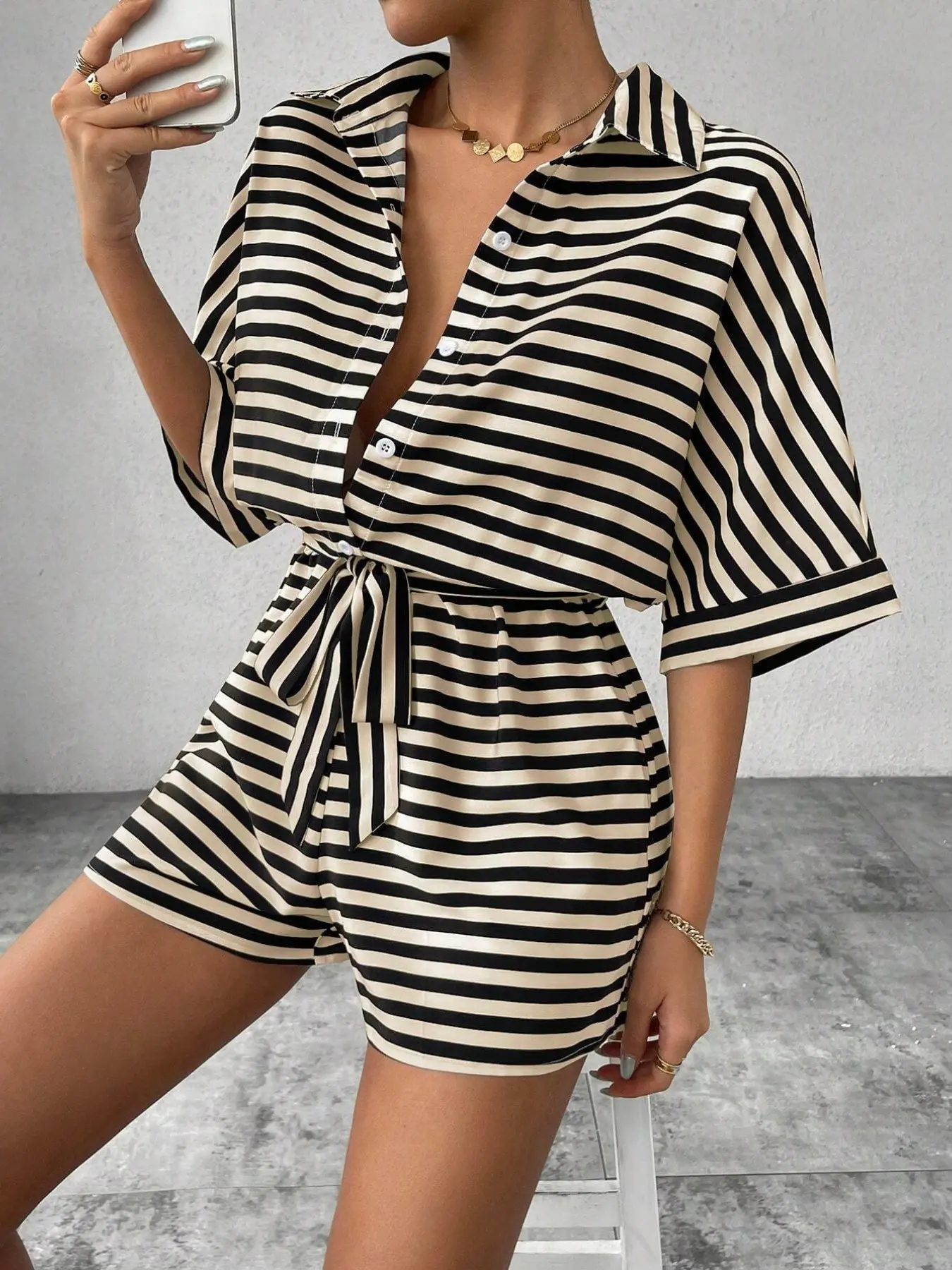 French Style Beach Vacation, Summer New Arrival One-Piece Pants Overalls Romper, Casual Fashion Slim Fit, Loose Waist Striped Turn-Down Collar Belted Shirt