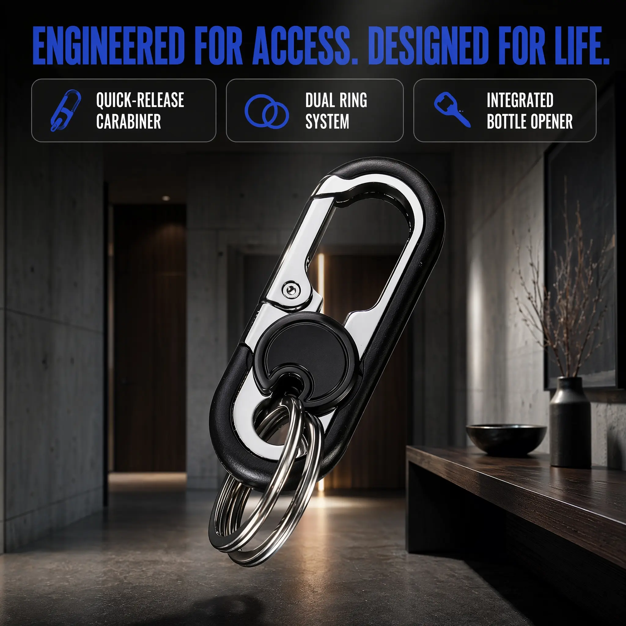 2-in-1 Black Stainless Steel Carabiner Keychain 3-Piece Set - 18g/0.04lb Per Piece, 6.5*2.5cm, Dual Key Rings, Bottle Opener, Rubber Trim, Home Organizer Accessory, Gift for Friends Adults