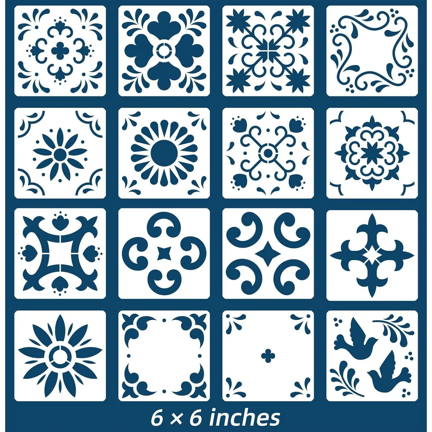 16 Pack 6X6 Inch Tile Stencil Set Mexican Pattern Reusable Stencils for Floor Wall Painting Furniture Canvas DIY Mexican Talavera Home Décor