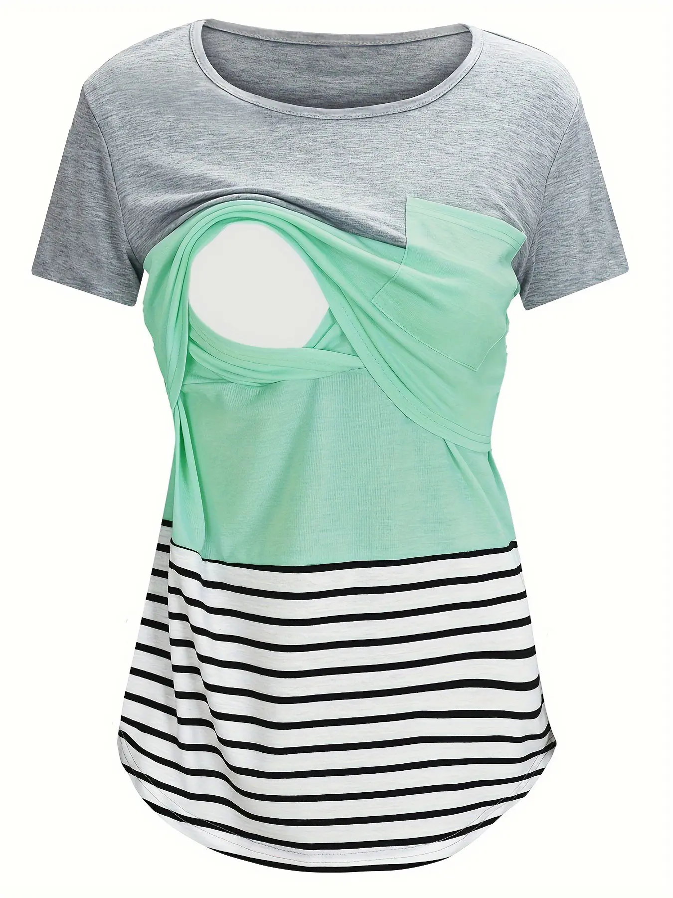Striped Patchwork Round Neck Pocket Short Sleeve Nursing Pregnant T-Shirt, Comfortable Maternity Top, Stylish Babywearing Clothing, Breastfeeding Clothes, Pregnancy Clothes, Nursing Friendly Clothes