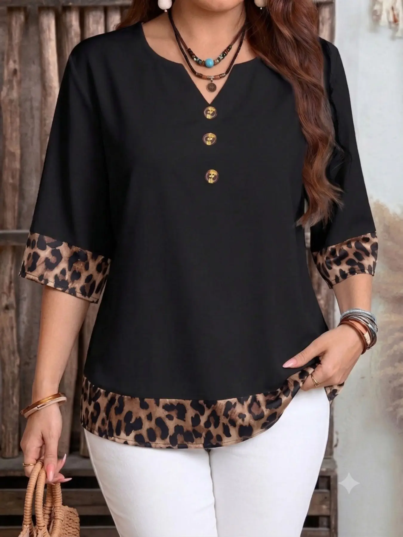 Women's Elegant Casual Leopard Patchwork V-Neck Mid-Sleeve Shirt, Lightweight Loose Fit Top, Spring Summer, Daily Wear, Commuting, Boho Lightweight Blouse