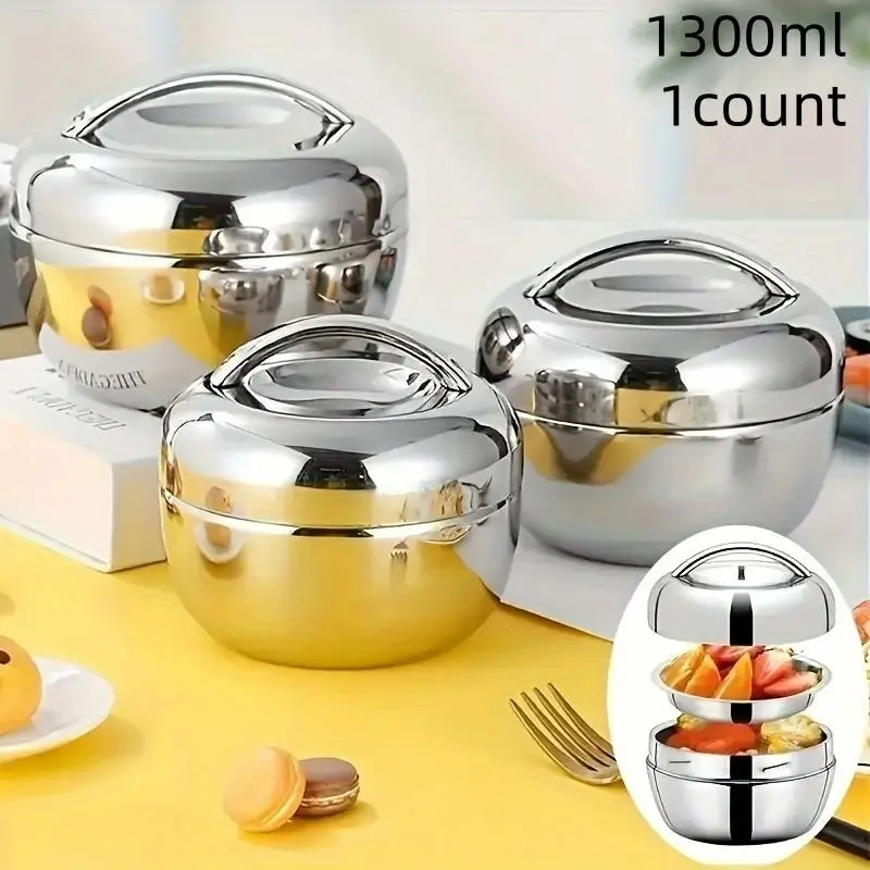 Stainless Steel Lunch Box, Dual-Layer Insulated Food Container, Reusable, Round, Essential for Students and Office Workers, Containers For Food