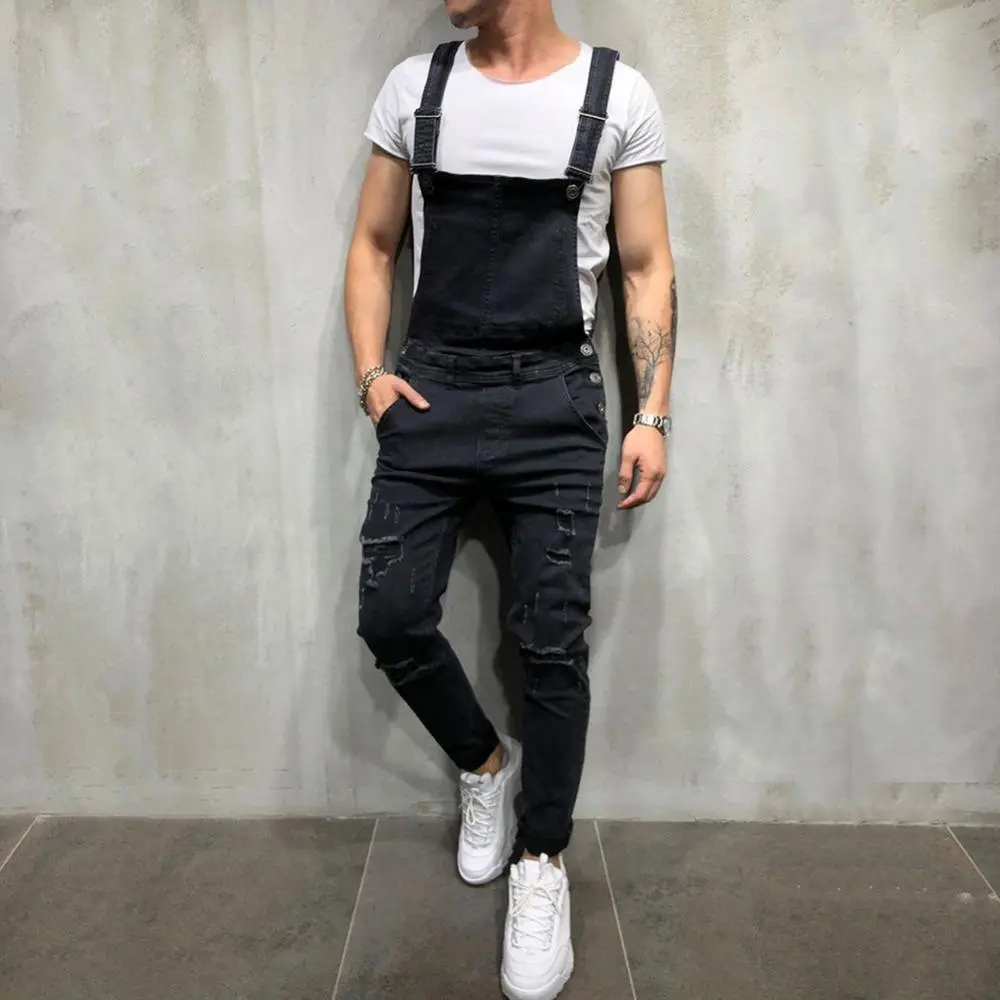 Men's Slim Fit Distressed Stretch Denim Overalls - Street Style, Stylish, Plain Denim Fabric, Ripped Biker Casual Full-Length Jumpsuit, Regular Size, Holed Details, Machine Washable Menswear Bottoms