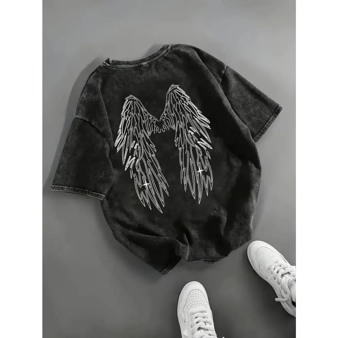 Men's Rhinestone Angel Wing Graphic Washed Short-Sleeve T-Shirt - Streetwear, Hip Hop Party, Casual Summer Breathable Soft Comfortable Fashion Top, Angel Wing Graphic Men's Short-Sleeve T-Shirts, Round Neck, Graphic Rhinestone Men's Short-Sleeve T-Shirts