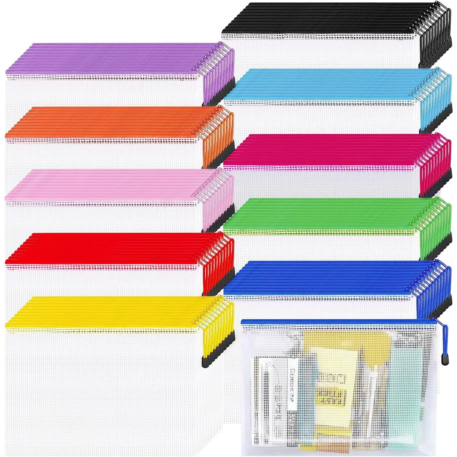 100 Pack A4 Mesh Zipper Pouches, 10 Colors Waterproof PVC Zipper Pouch, 13.5"x9.5" Document Organizer, Pencil Bags with Zipper for School, Office, Travel