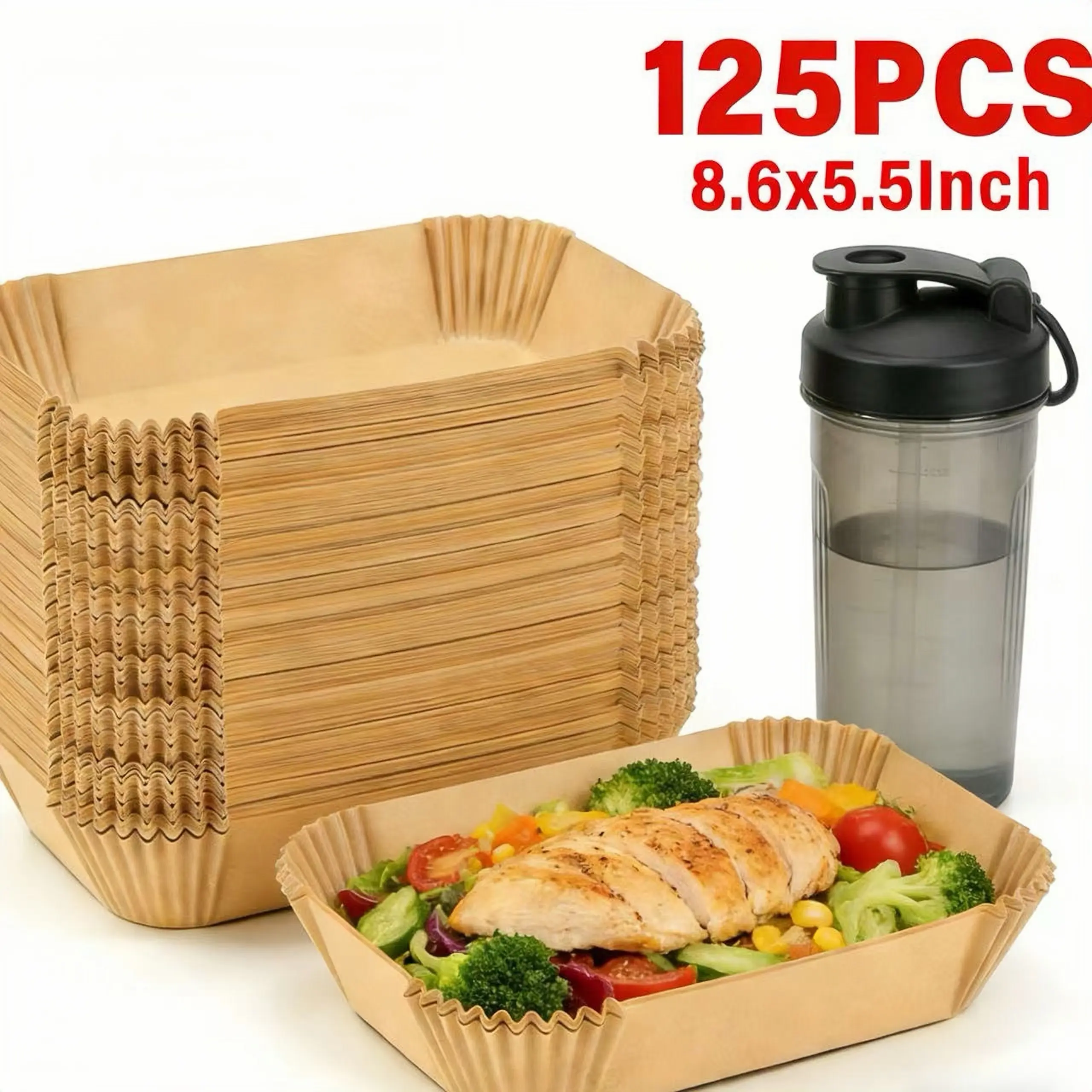 125Pcs Premium oil-block rectangular air fryer mats, long basket protective luxury liner, high-performance non-stick sheet, individually packed single sheet, thermally stable high temperature pulp sheet parchment paper