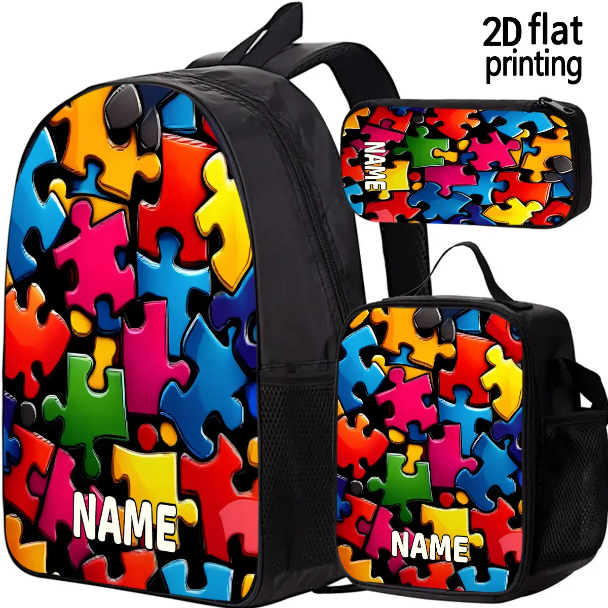 3pcs Personalized Puzzle Print Name Customization Set, Unisex Large Capacity Backpack Combo. The 3pcs Set Includes a Backpack, Pencil Case, and Lunch Bag, Suitable for Daily Use, School Gifts, and Essential for Camping, Traveling, and Outings