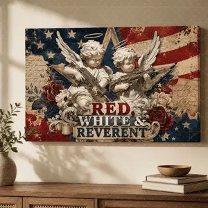 "Red White & Reverent" Patriotic Cherub Canvas Wall Art, Vintage American Flag Aesthetic Print, Modern Rustic Living Room Bedroom Office Decor, Statement Poster Gift,wall decor,poster.