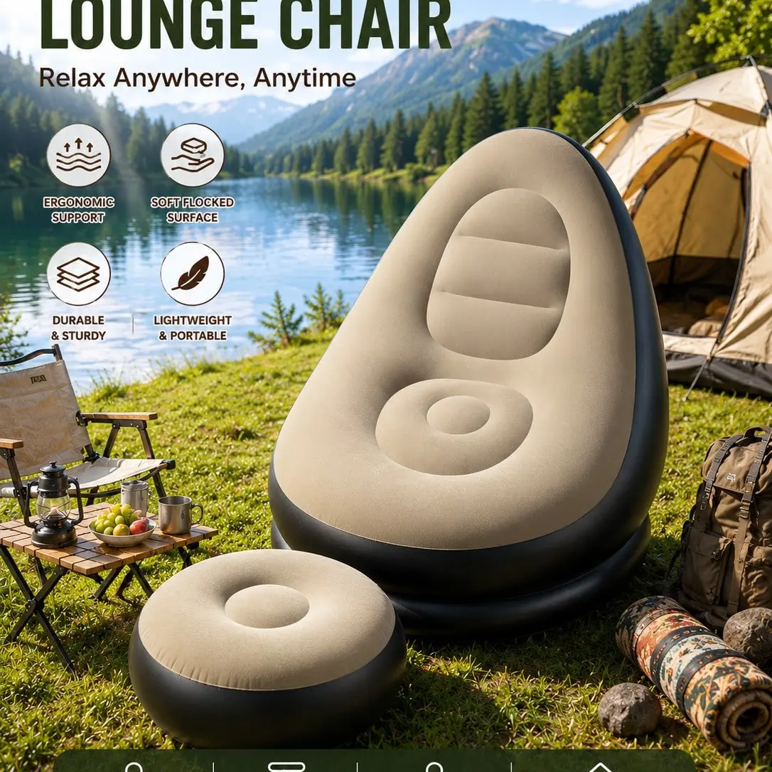 PVC Plush Air Sofa Chair with Footrest, Thickened Air Cushion Lounge Sofa Bed, Foldable Outdoor Portable Air Seat, Home and Garden Use, Folding Sofa Bed