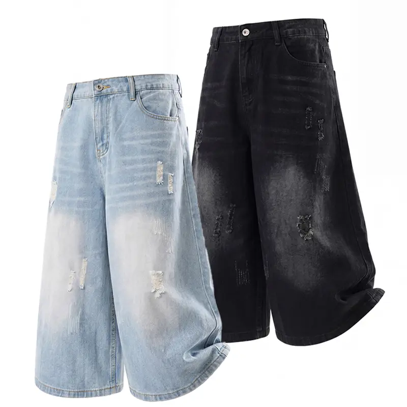 Men's Wide-Leg Knee-Length Denim Shorts with Button Fly, Faded Wash and Distressed Details, Slant Side Pockets, and Straight Hem for Y2K Streetwear Style# SummerWins Casual Jeans