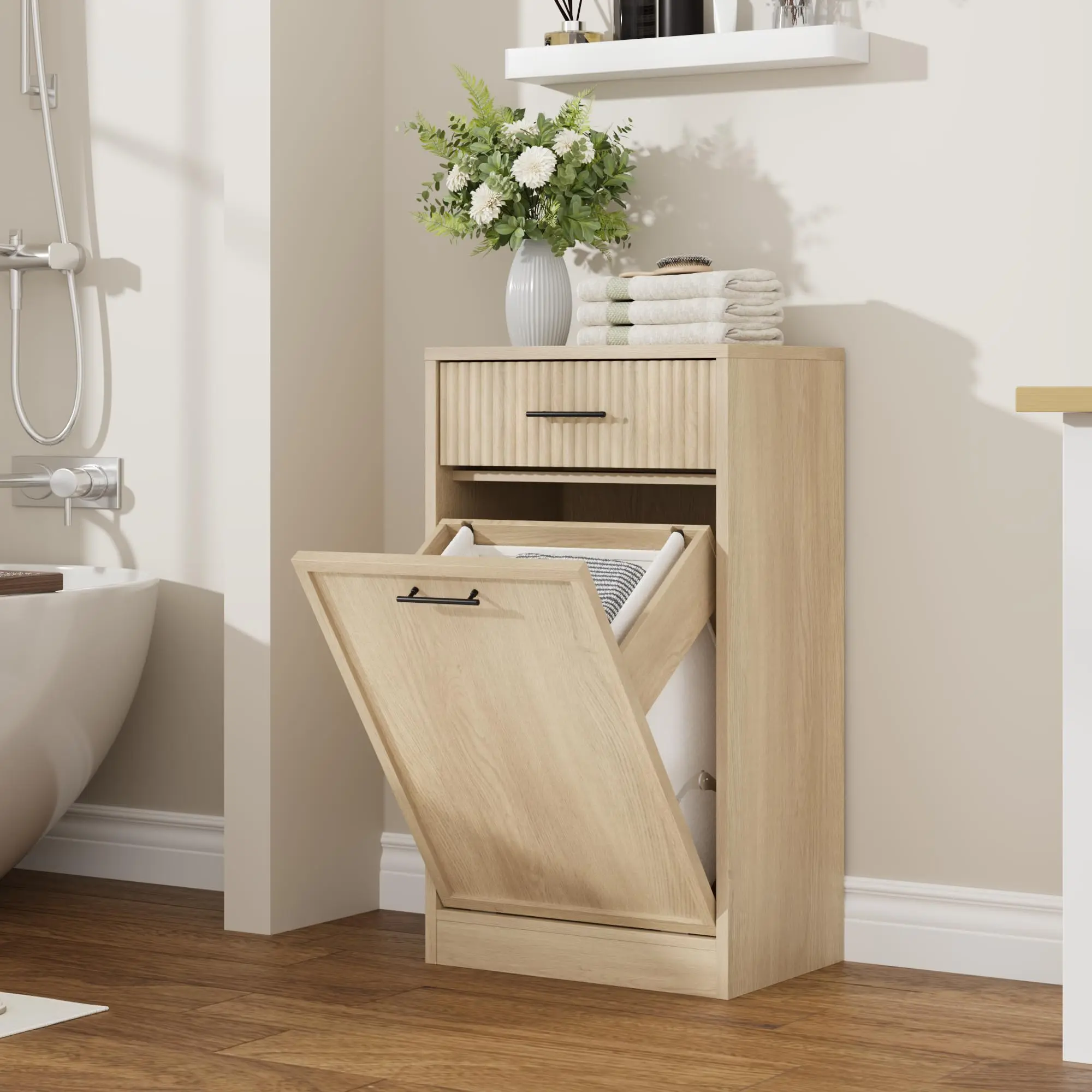 Modern Freestanding Laundry Hamper Cabinet - Hidden Trash Bin Storage - Removable Laundry Basket - Space-Saving Bathroom Organizer