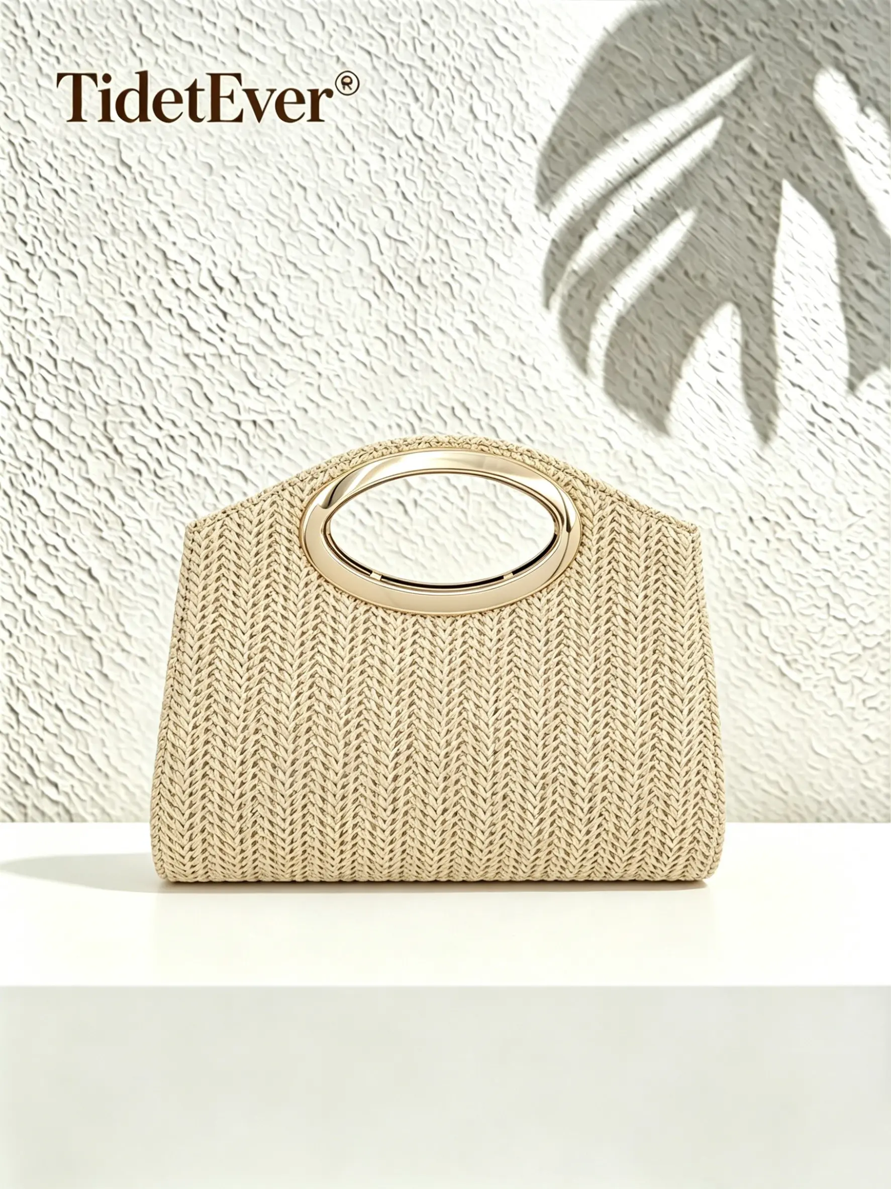 Straw Woven Clutch Bag for Women, Large Round Metal Cutout, Evening Handbag, Summer Beach Bride Purse, Wedding Party Gift, Elegant Evening Bag