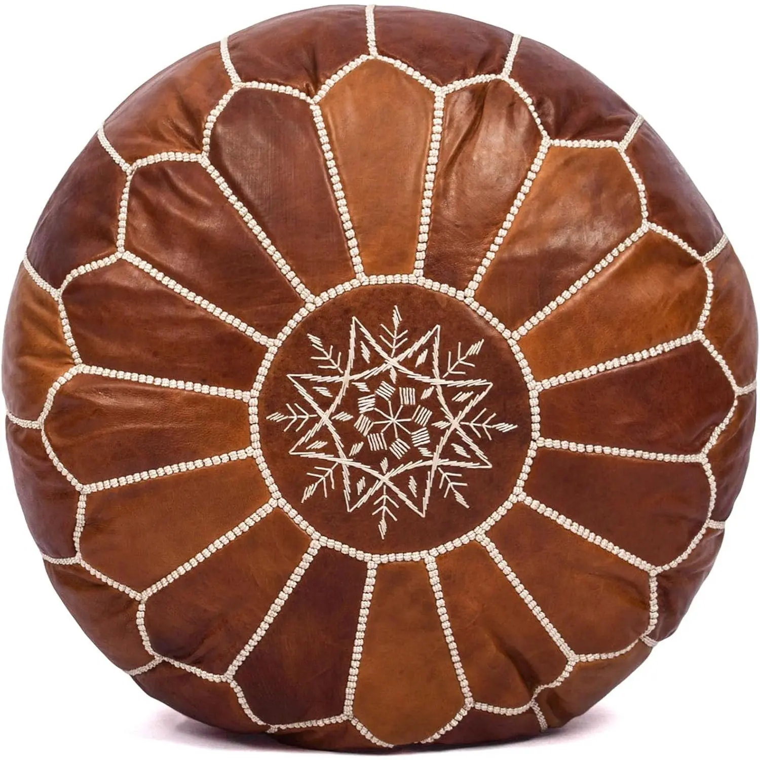 Moroccan Leather Handmade Pouf Ottoman Cover, Unstuffed Foot Stool, Round Boho Footrest for Living Room, Bedroom, Home Decor Gift (Dark Tan)