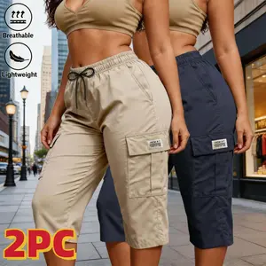 Women's 2PC Summer Cargo Capri Pants - Elastic Waist with Drawstring, Solid Color, Loose Casual, Flap Pockets - Daily Street Wear Bottoms, Women's Clothes, Clothes