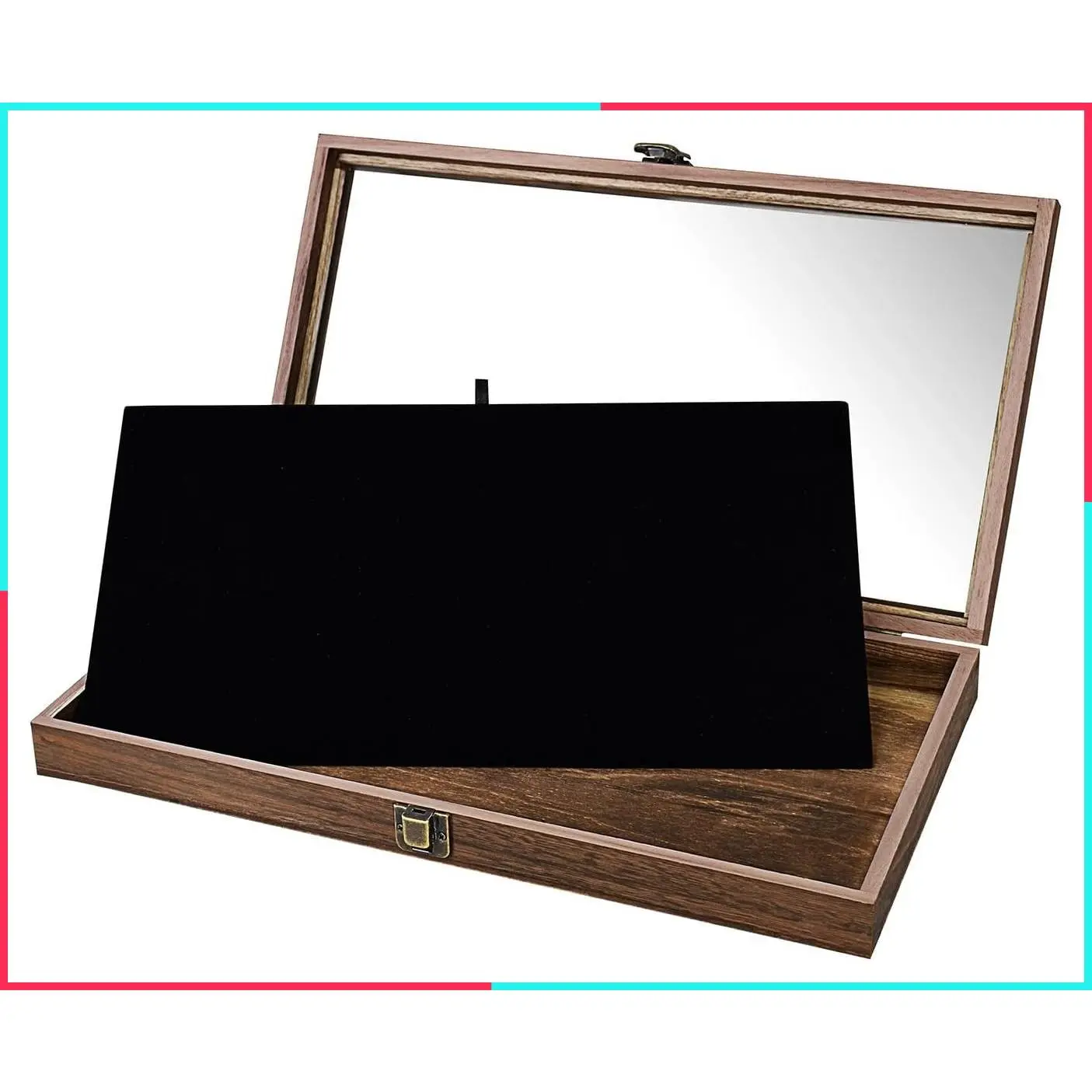 Wooden Jewelry Display Case with Tempered Glass Top and Black Velvet Pad