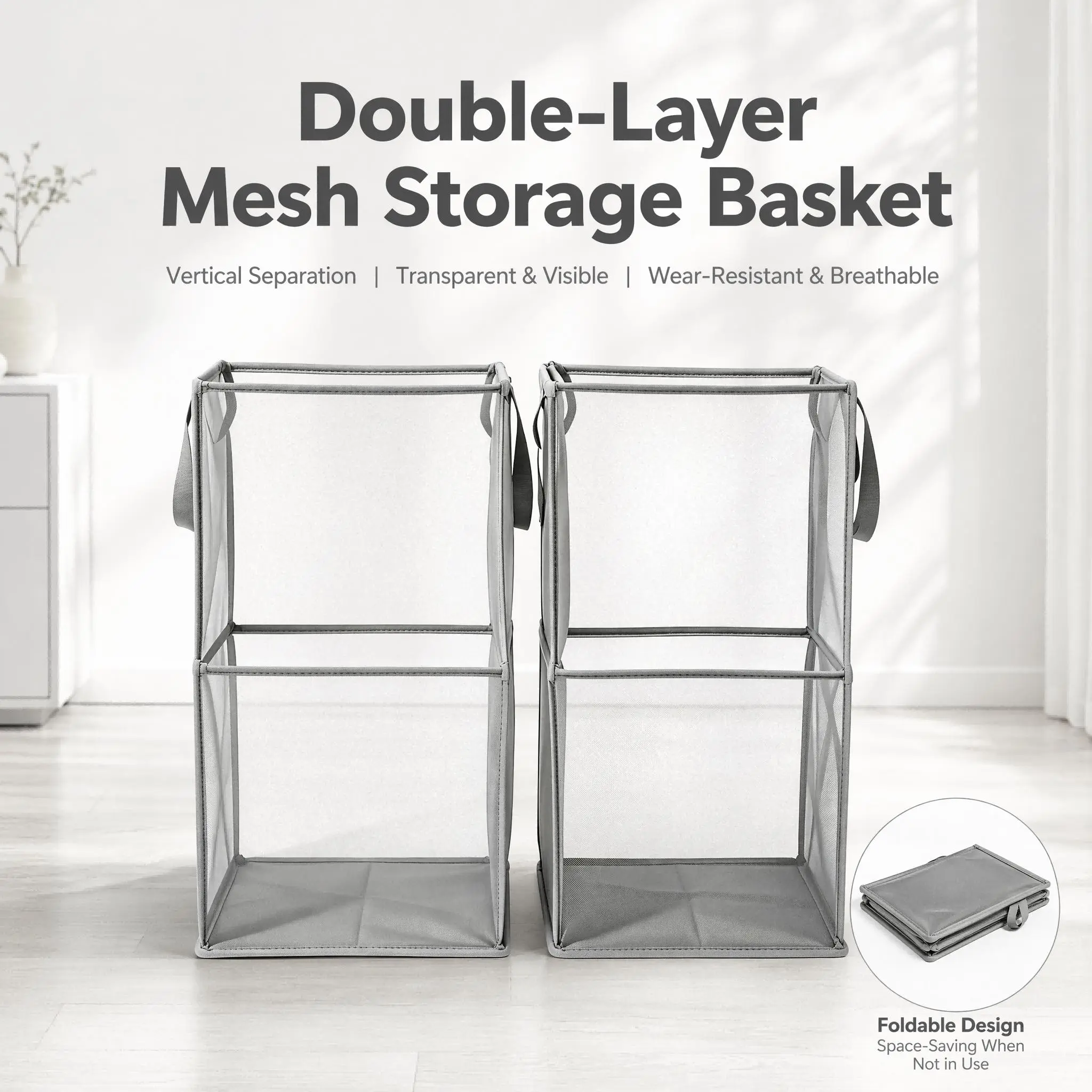 1 & 2 Pack 2-Tier Mesh Closet Storage Organizer Bin, Foldable Vertical Divided Clothes Storage Basket with Side Handles for Wardrobe Bedroom Organization