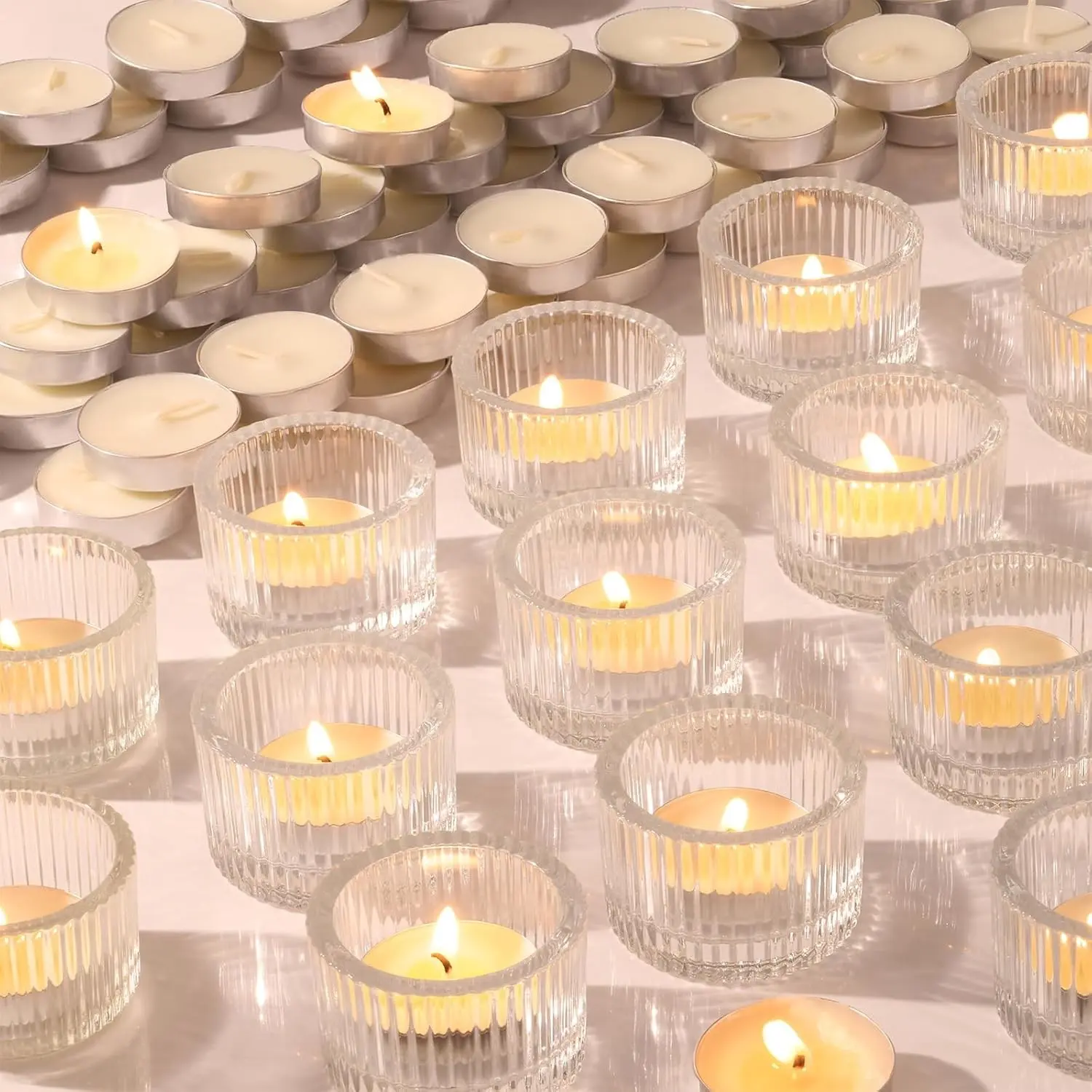 30Pcs Clear Tealight Candle Holder with 32pcs Tea Light Candles, Ribbed Glass Votive Candle Holders for Table Centerpiece Wedding Home and Holiday Decor