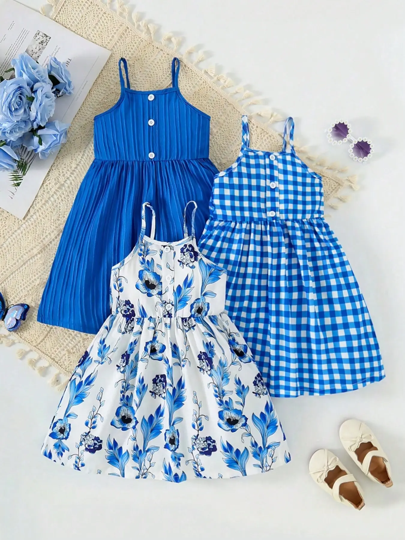 3-Piece Set Girls' Floral Print Strap Dress, Solid Blue Strap Dress, Blue & White Plaid Strap Dress with Button Detail, Summer Casual Sleeveless Sundress Set