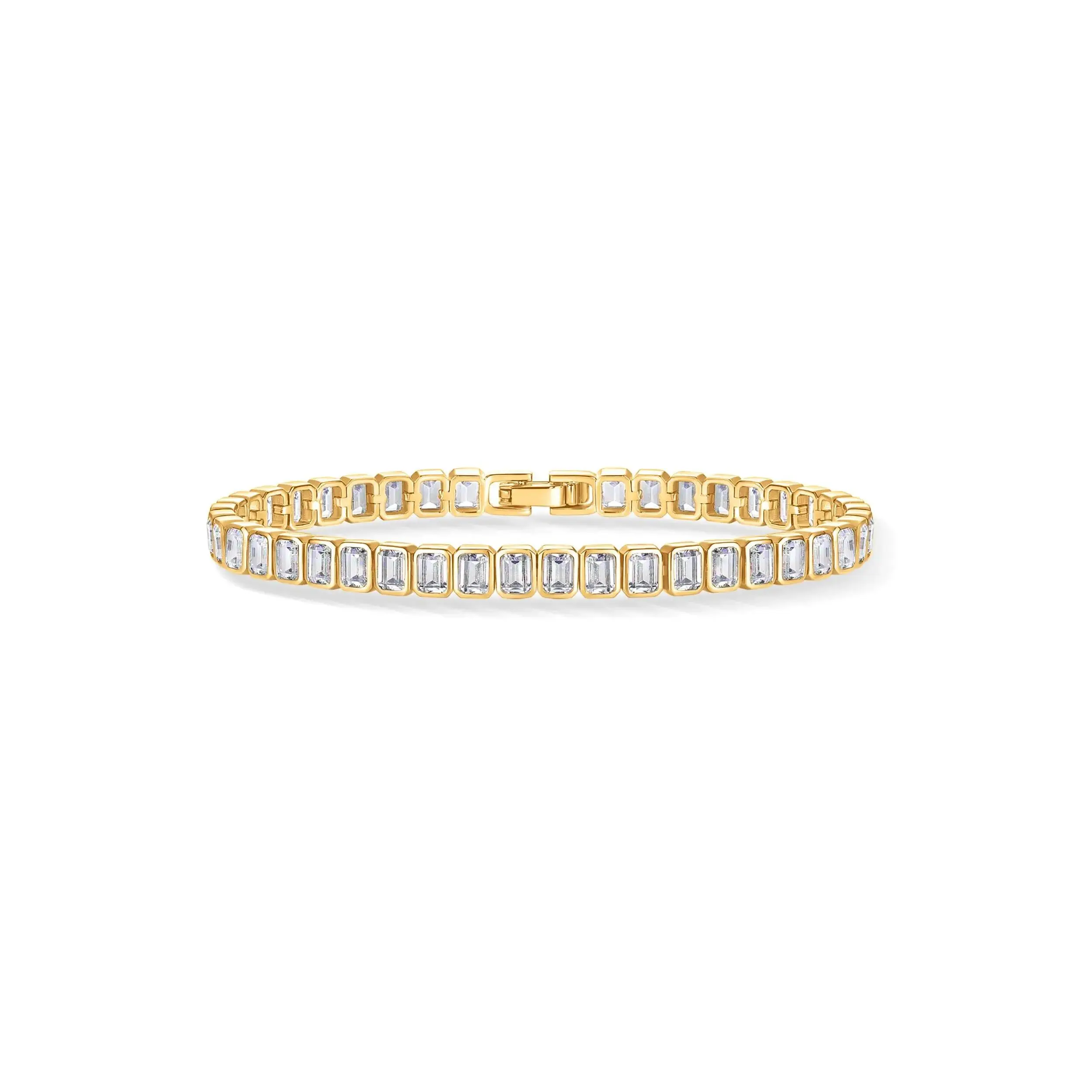 14K Gold Plated Emerald Cut Cubic Zirconia Classic Tennis Bracelet for Women, Sizes 6 Inches - 7.5 Inches elegant minimalist bangle high quality everyday jewelry adjustment tool modern fashion accessory cross design luxury gift link bracelet copper toggle