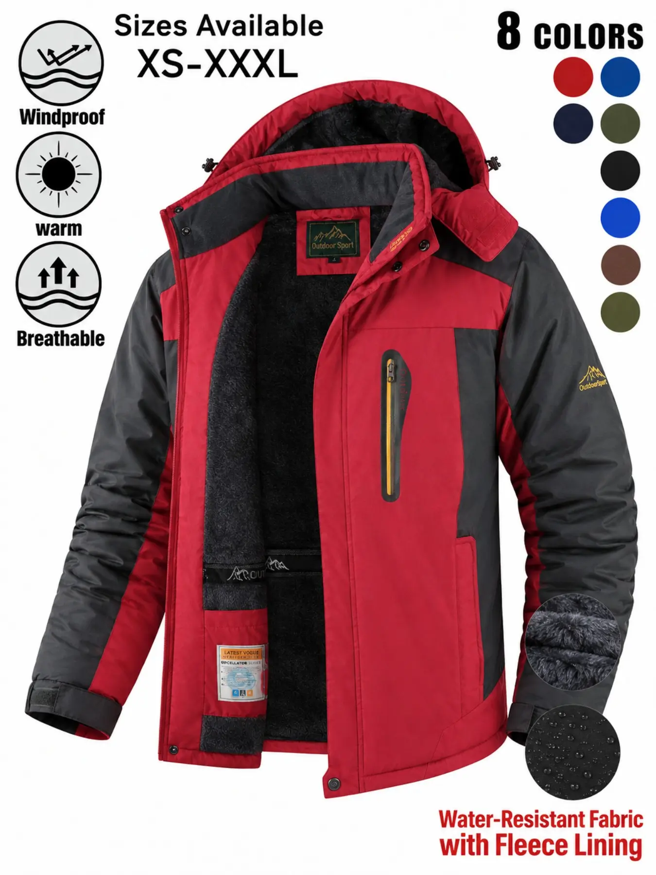 Men's Winter Ski Insulated Hiking Jacket, Warm Plush Lined Waterproof Windproof Hooded Outdoor Casual Thick Coat, Ideal for Hiking Running Camping Fishing