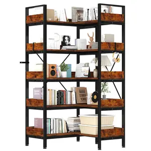 L-Shaped Industrial Bookshelf – 65" 5-Tier Reversible Corner Bookcase, Open Wooden Shelves, Metal Frame, Adjustable Feet, Space-Saving Office Storage Rack for Home, Living Room, Bedroom, Rustic Brown