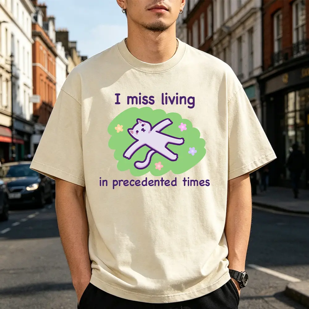 Men's "I Miss Living in Precedented Times" Graphic Print Oversized T Shirt - Cute Cartoon Kitten Floral, Soft Cotton Crew Neck Casual Tee