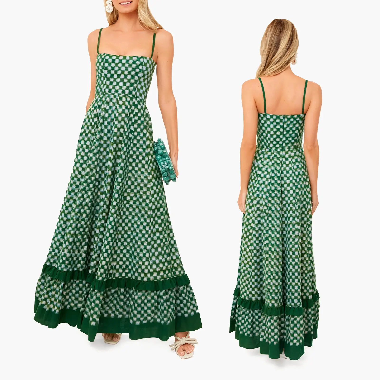 Women's Long Beach Dress Sleeveless Spaghetti Strap Checkerboard Print Flowy Dress Midi Slip Dress