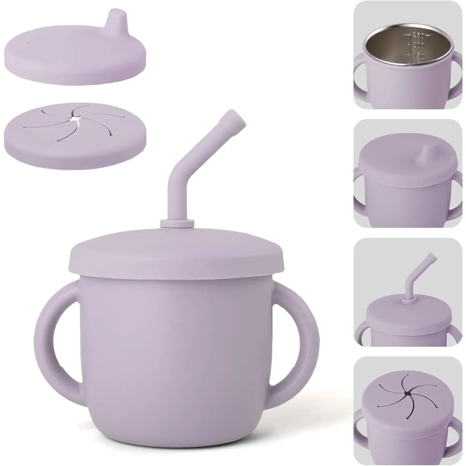 4-in-1 Stainless Steel Silicone Sippy Cup, 8.5oz Toddler Open Cup with Straw, Sippy & Snack Lids, For Baby Led Weaning, Toddlers 1-3 Years Trainning Kids Drinking, Dishwasher Safe, Lilac New model utensil