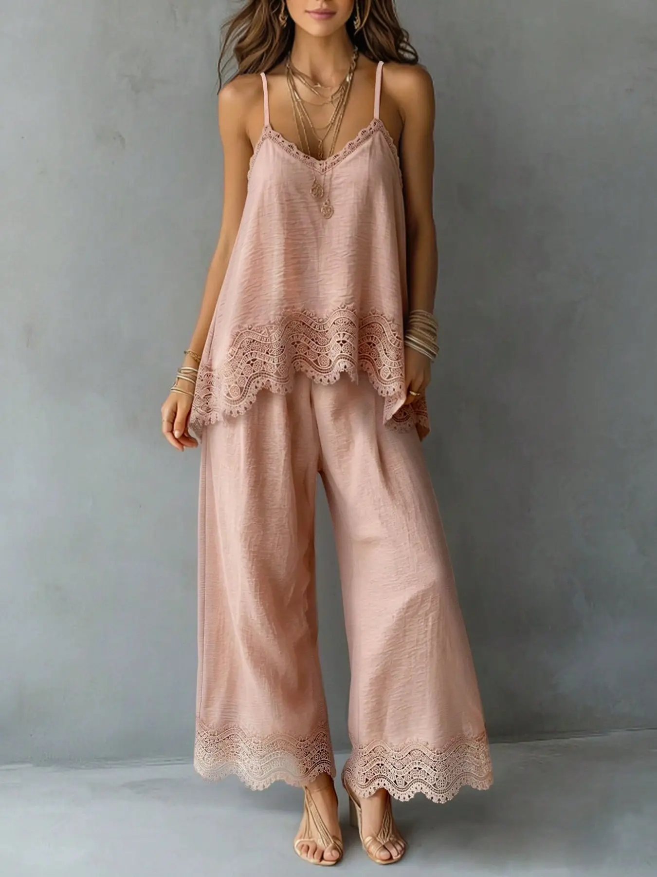 Women's Bohemian Lace Casual Set, Sleeveless Tank Top + Wide Leg Pants, Elegant Holiday, Soft Summer Wear, Beach & Home