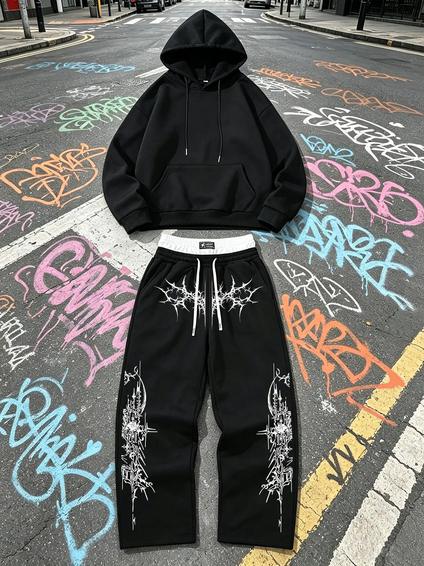 Dark Thorn Gothic Text Hoodie and Wide Leg Pants Set, High Street Punk Unisex Casual Streetwear Set, Two-Piece Ensemble for Men and Women