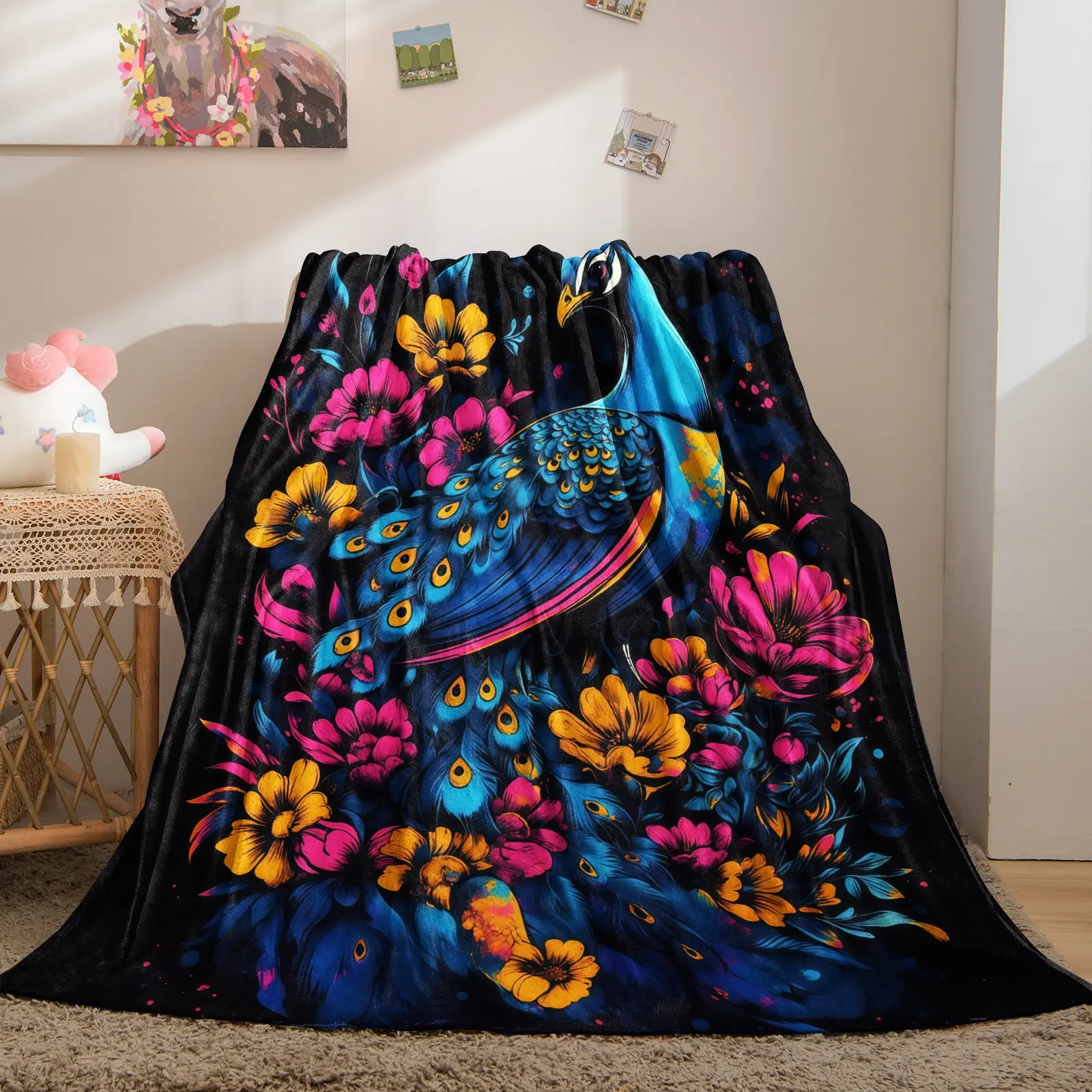 Peacock Flower Pattern Blanket, 1 Soft And Comfortable Single-Sided Printed Plush Blanket, a Gift For Teenagers And Adults, Suitable For Sofas, Offices, Travel, Outdoor Camping