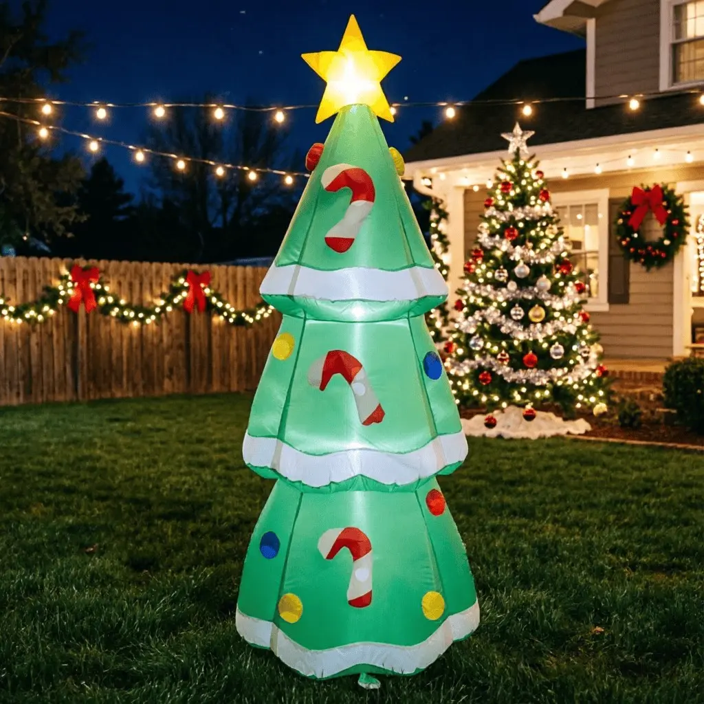 5ft Inflatable Glowing Christmas Tree with LED Lights, Candy Cane Decor, Automatic Inflation, Outdoor Festival Decoration, Yard, Amusement Park, Mall