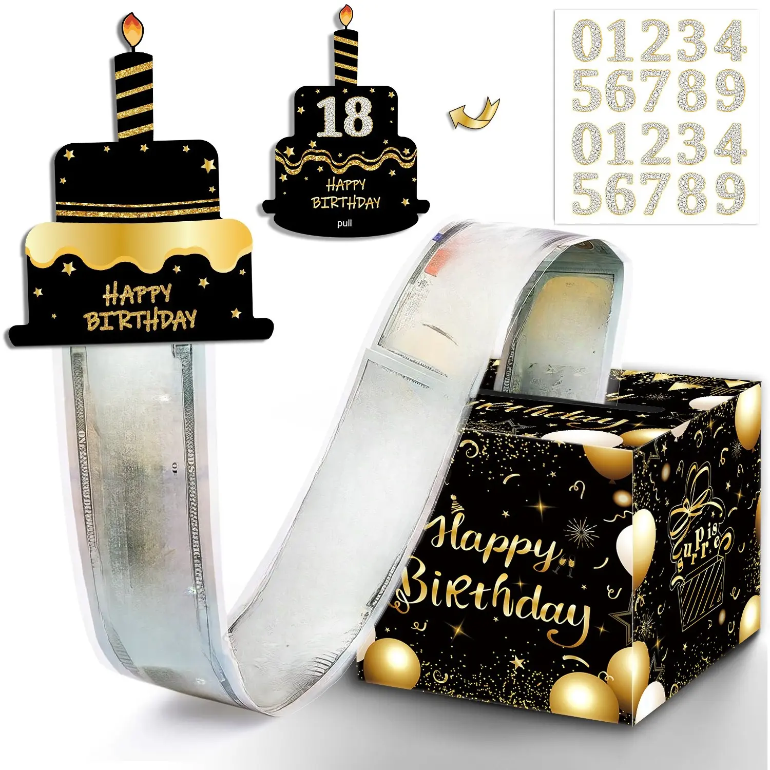 Gold Surprise Money Pull Box with Cake Topper, Interactive DIY Cash Box with Pull String for Birthday Party Decor, Gift for Teens & Adults