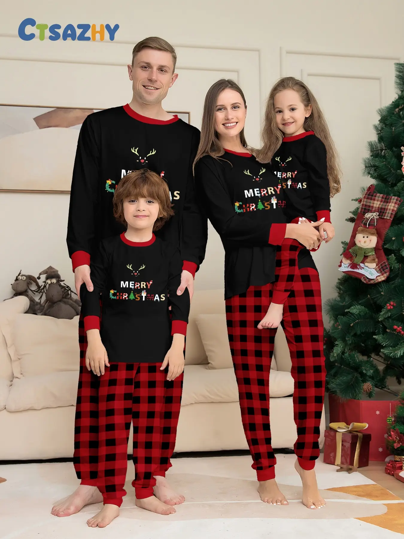 European Style Christmas Print Family Four Matching Long Pajama Two-Piece Set, Hot Sale Festive Outfit